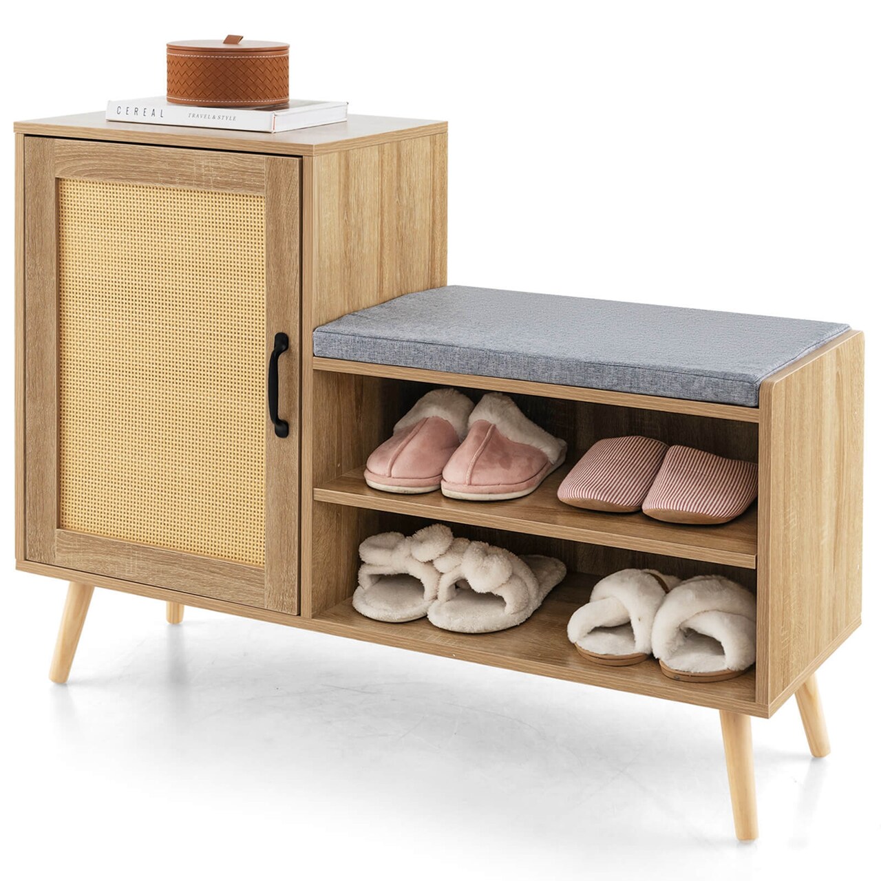 Costway 2-in-1 Rattan Shoe Cabinet with Bench 3 Adjustable Shelves & Solid Pine Wood Legs
